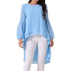 High Low Asymmetrical Lantern Long Sleeve Irregular Hem Tops Blouse Sky Blue